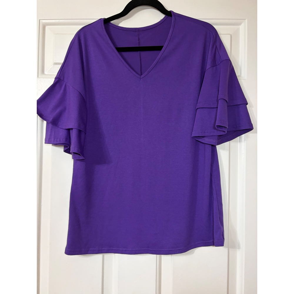 Unbranded | Tiered Ruffle Sleeve V-Neck Knit Top | Large || Purple|